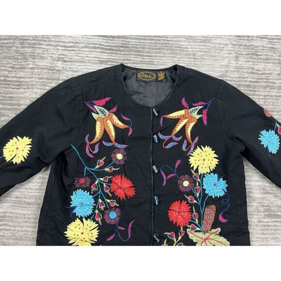 Alex Kim Jacket Womens‎ Large Black Floral Embroidered Cotton Art To Wear - Picture 2 of 12